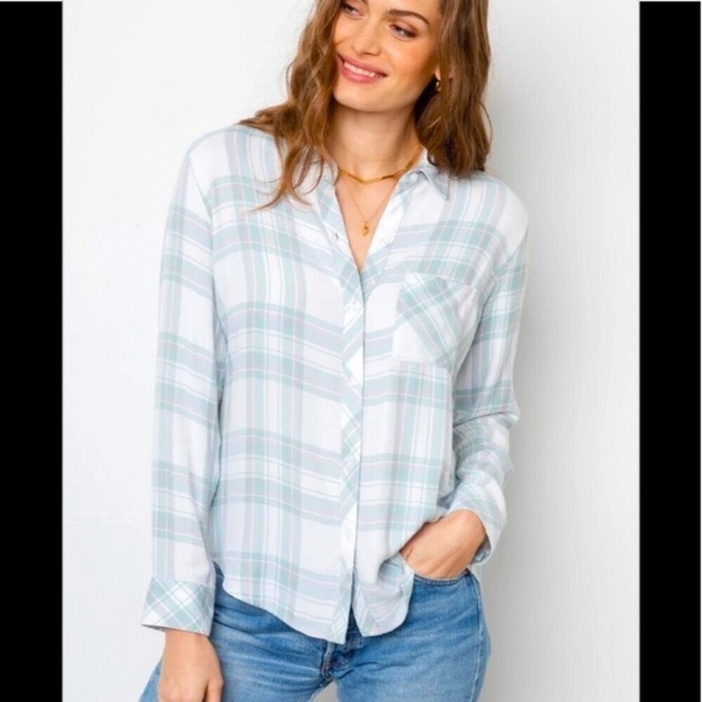 RAILS Plaid Long Sleeve Button Down Shirt Top Soft Cozy Pocket Blue White Fitted